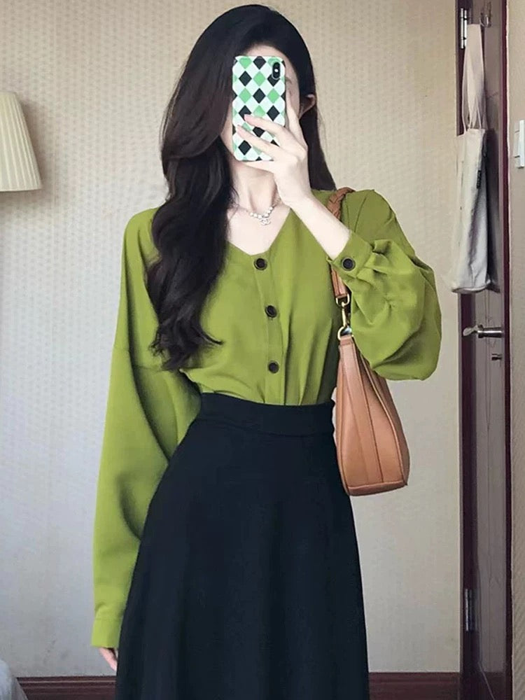Early spring chic top Korean style ruffled shirt women's niche design chiffon puff sleeves chic and beautiful blouse