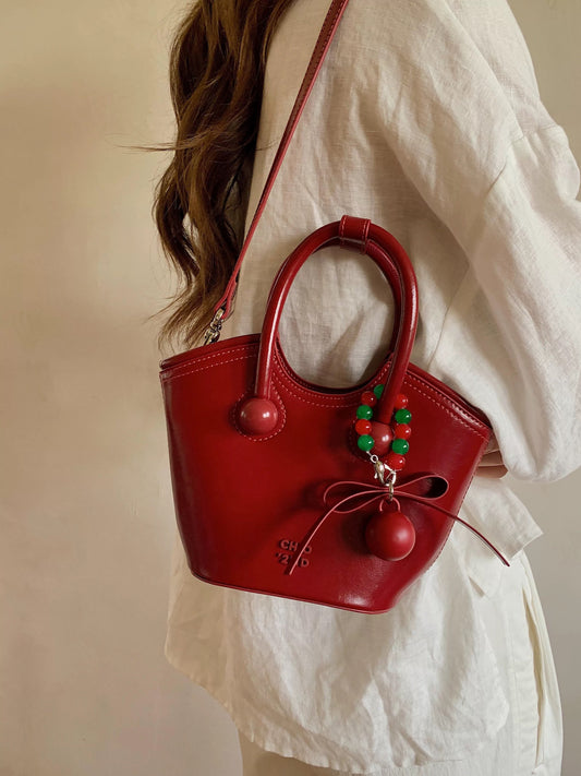 Chio2nd Cherry Romance Genuine Leather Handbag, Red, Wedding Bag, Shoulder Bag/Crossbody Bag
