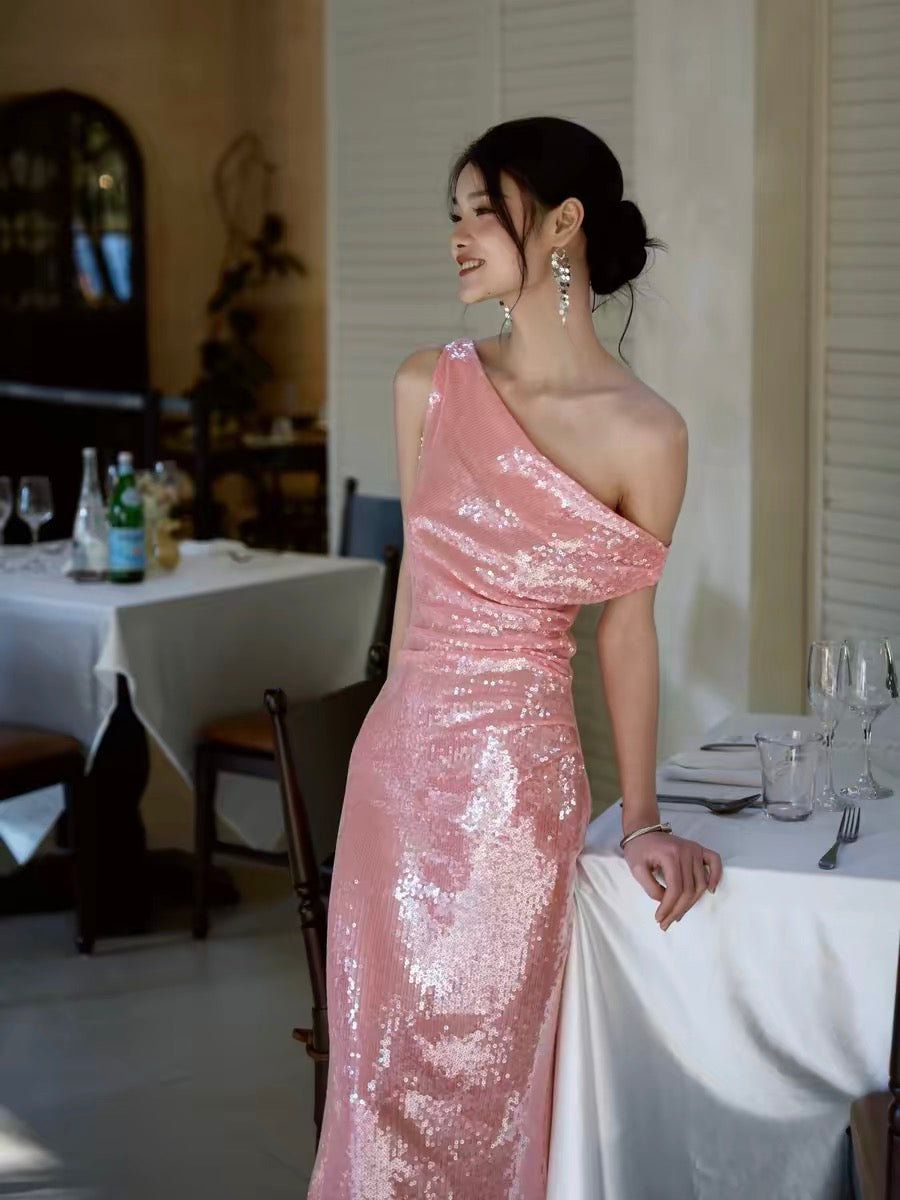 Journeyj Pink Sequined Stunning Evening Gown, Long High-End Luxury Dress for Annual Meetings