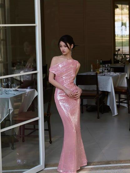 Journeyj Pink Sequined Stunning Evening Gown, Long High-End Luxury Dress for Annual Meetings