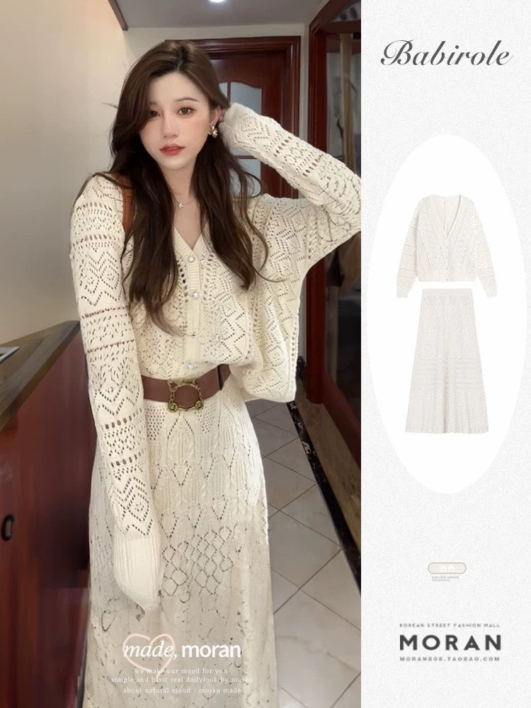 Xiaoxiangfeng crocheted sweater skirt two-piece suit salt style light and mature slimming age-reducing dress early spring fashion