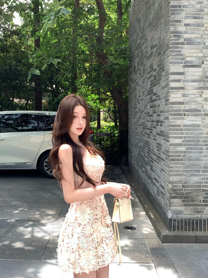 JAYKY YANG【Huayu Manxia】3D flower embroidered dress with chest pad waist short suspender skirt