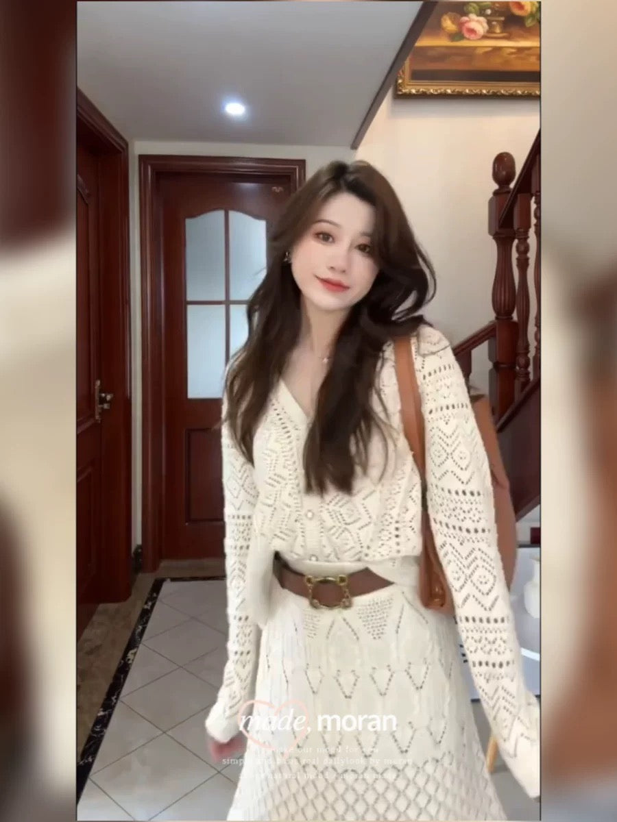 Xiaoxiangfeng crocheted sweater skirt two-piece suit salt style light and mature slimming age-reducing dress early spring fashion
