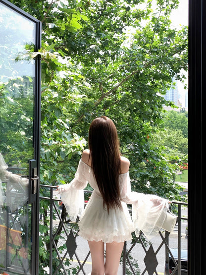 JAYKY YANG [Love Letter] White Off-Shoulder Lace Trim T-Shirt with Sheer Puff Sleeves - Stylish Top