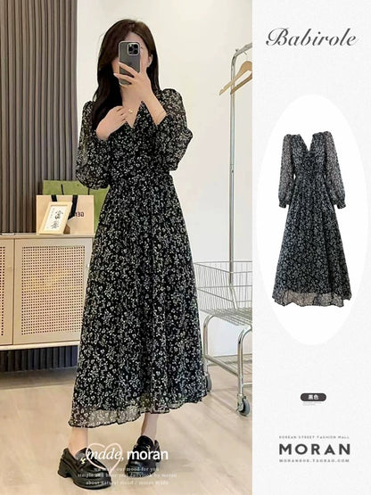 French drape high-end black floral dress women's long-sleeved V-neck long dress with slimming temperament early spring and autumn new style