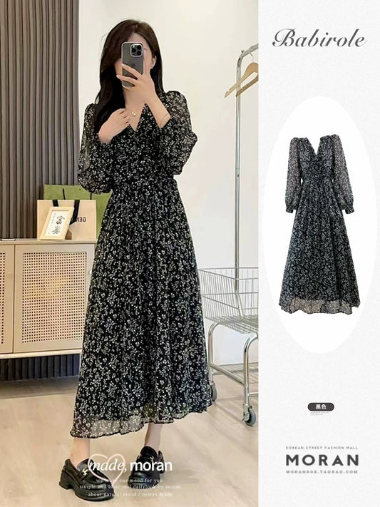 French drape high-end black floral dress women's long-sleeved V-neck long dress with slimming temperament early spring and autumn new style
