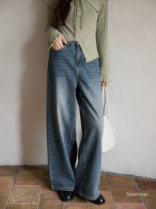 Ximeng 2026 New Spring Korean Style Elegant Pants, Super Cute for Petite Women, Retro Loose Wide-Leg Jeans