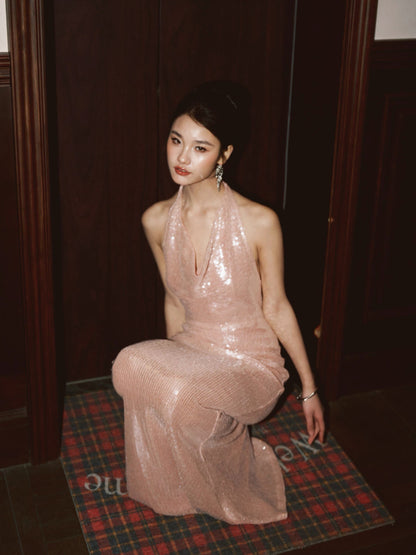 Journey J nude pink sequined halter neck backless cocktail dress for evening parties