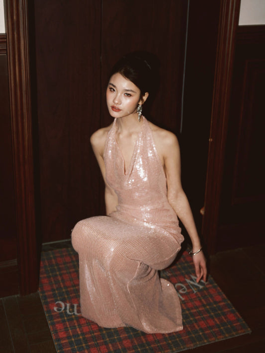 Journey J nude pink sequined halter neck backless cocktail dress for evening parties