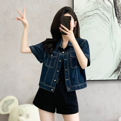 Hong Kong style retro short-sleeved denim jacket for women, summer design, dark wash, trendy outer wear for small people, versatile tops