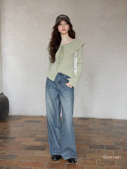 Ximeng 2026 New Spring Korean Style Elegant Pants, Super Cute for Petite Women, Retro Loose Wide-Leg Jeans