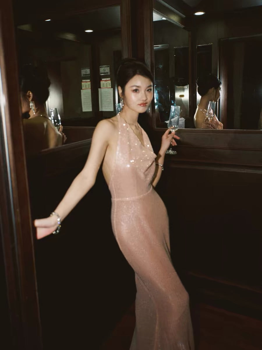 Journey J nude pink sequined halter neck backless cocktail dress for evening parties