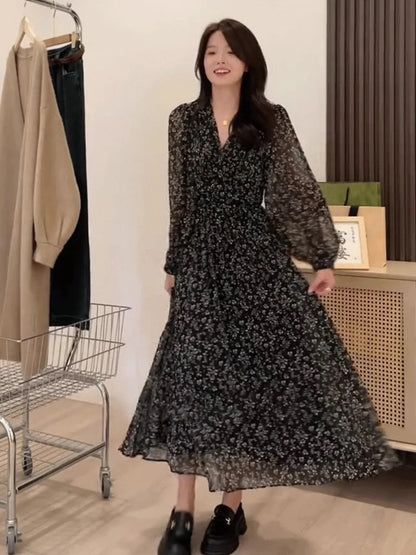 French drape high-end black floral dress women's long-sleeved V-neck long dress with slimming temperament early spring and autumn new style