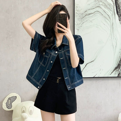 Hong Kong style retro short-sleeved denim jacket for women, summer design, dark wash, trendy outer wear for small people, versatile tops