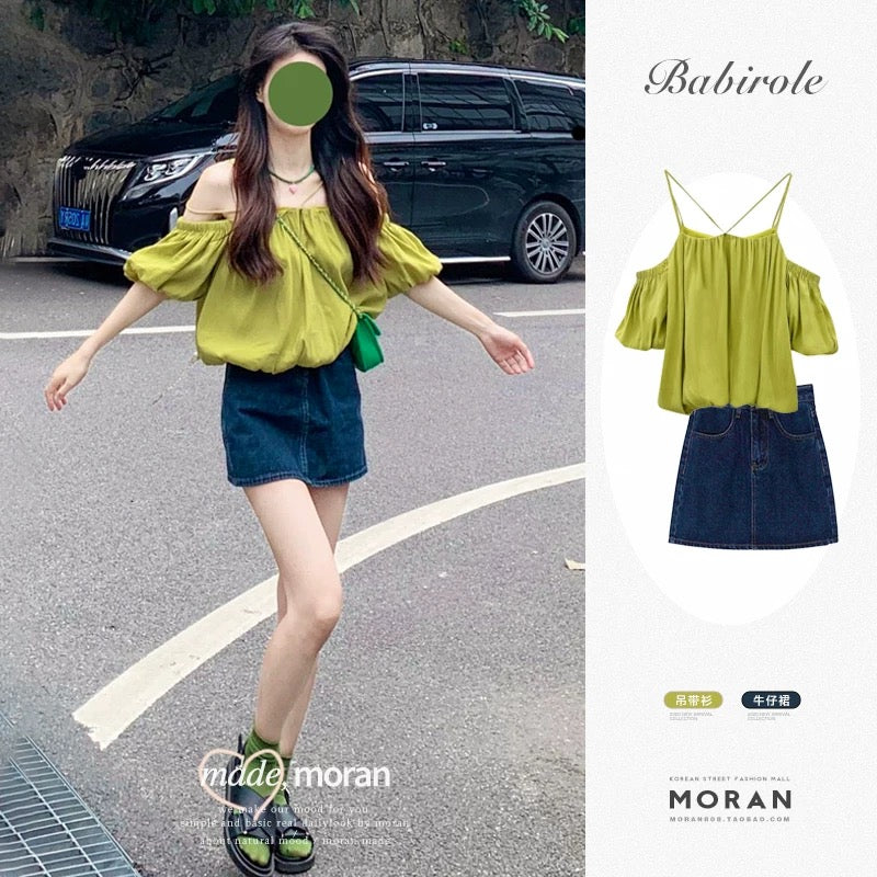 Summer fashion suit for age-reducing puff sleeves and suspenders for outer wear, off-shoulder top, denim skirt, two-piece set for small people