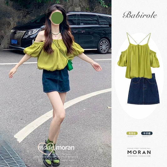Summer fashion suit for age-reducing puff sleeves and suspenders for outer wear, off-shoulder top, denim skirt, two-piece set for small people