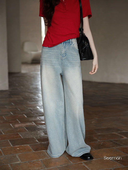 Ximeng 2026 New Spring Korean Style Elegant Pants Loose Fit Super Cute Petite Light Blue Wide Leg Jeans for Women
