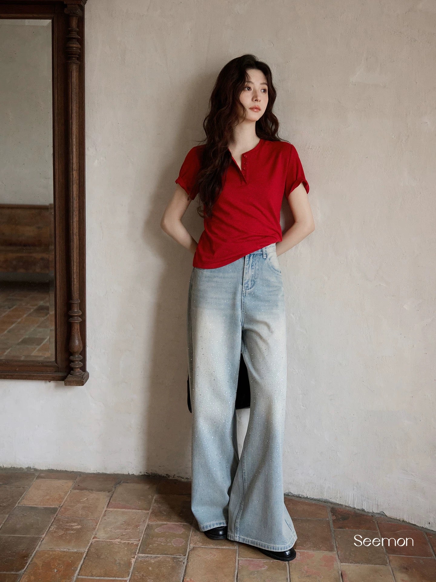 Ximeng 2026 New Spring Korean Style Elegant Pants Loose Fit Super Cute Petite Light Blue Wide Leg Jeans for Women