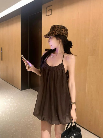 Kumikumi pure desire style sexy backless halter neck dress female summer niche pleated mesh bud skirt short skirt