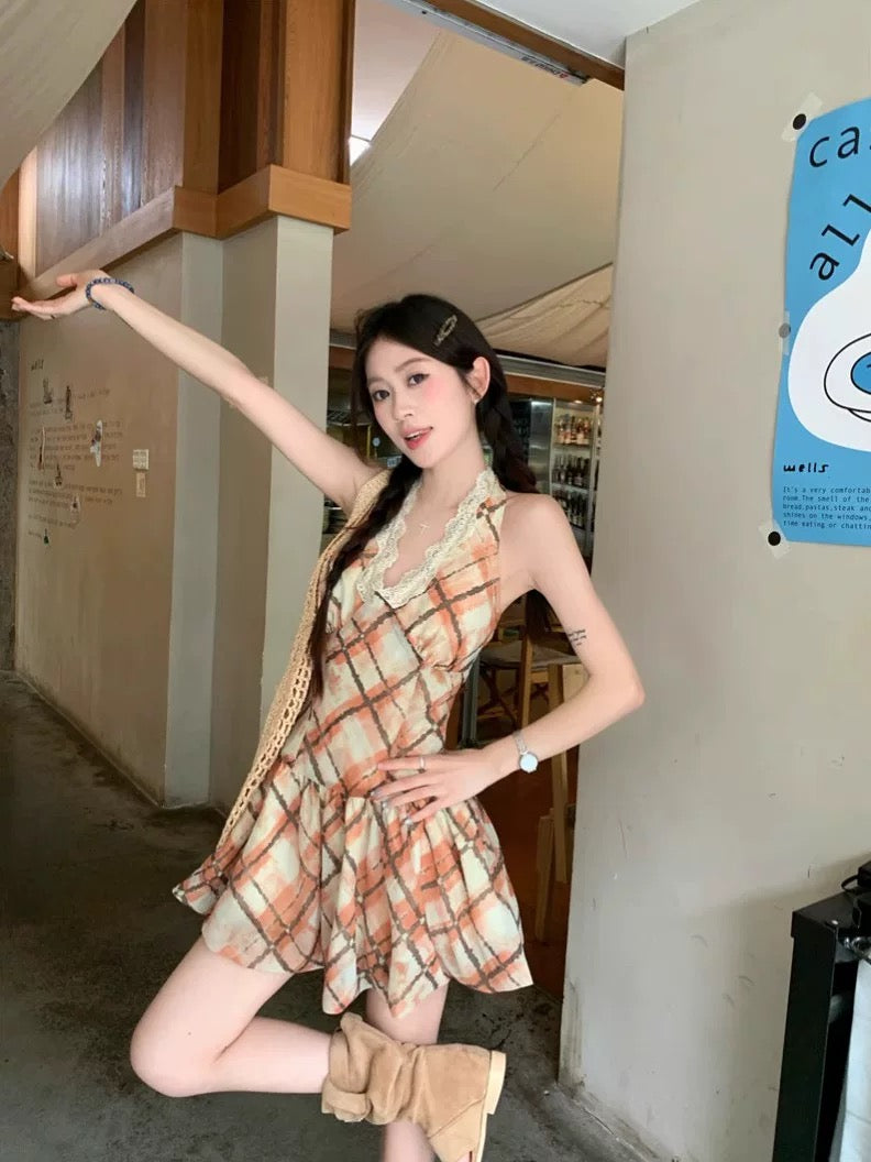 Kumikumi sweet style lace halter neck dress female summer retro plaid temperament A-line skirt short skirt