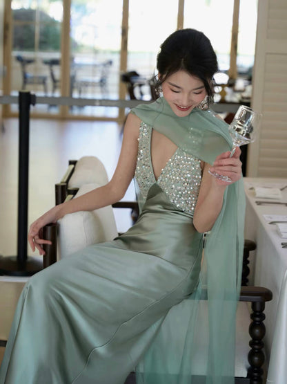 journeyj mint green deep V sequined satin cocktail dress for Christmas and birthday parties