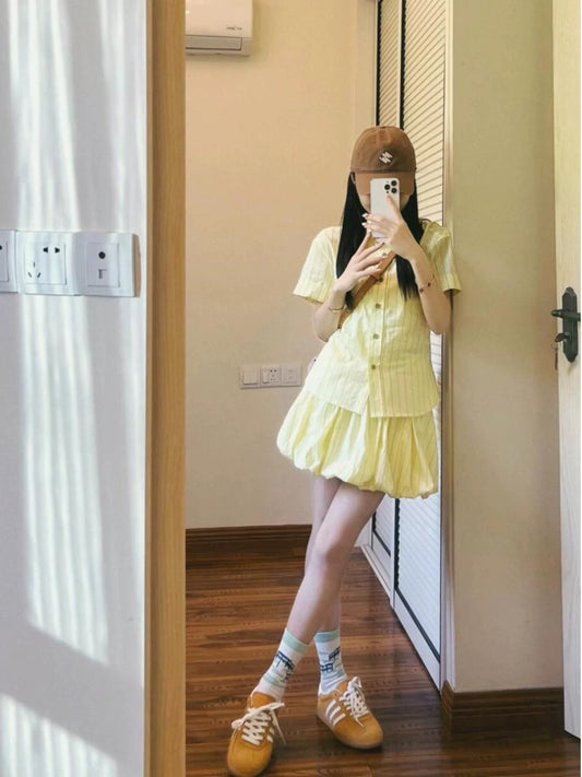 Beautiful and beautiful summer suit, dopamine yellow puff sleeve shirt top, flower bud skirt, two-piece set for small people