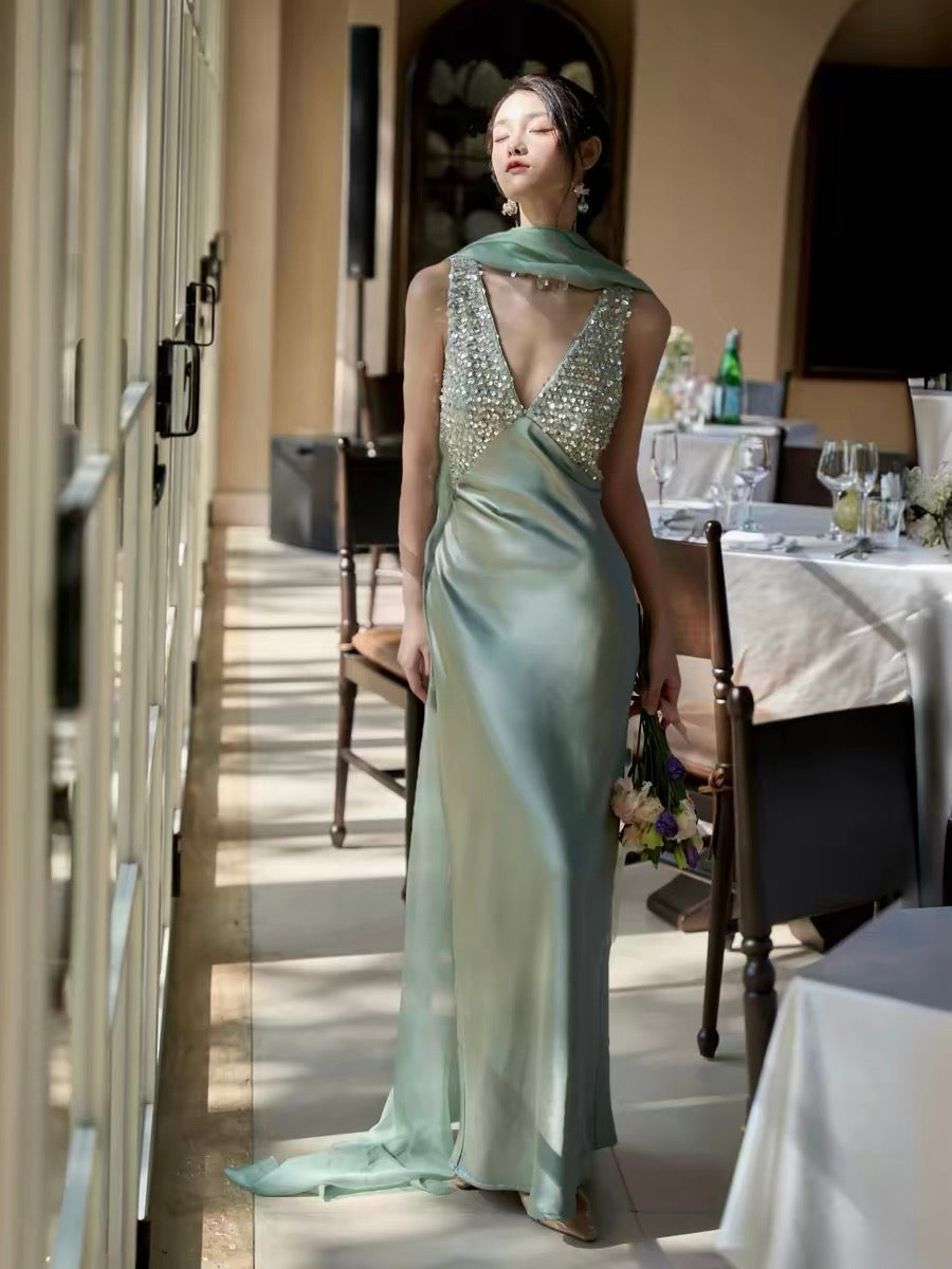 journeyj mint green deep V sequined satin cocktail dress for Christmas and birthday parties