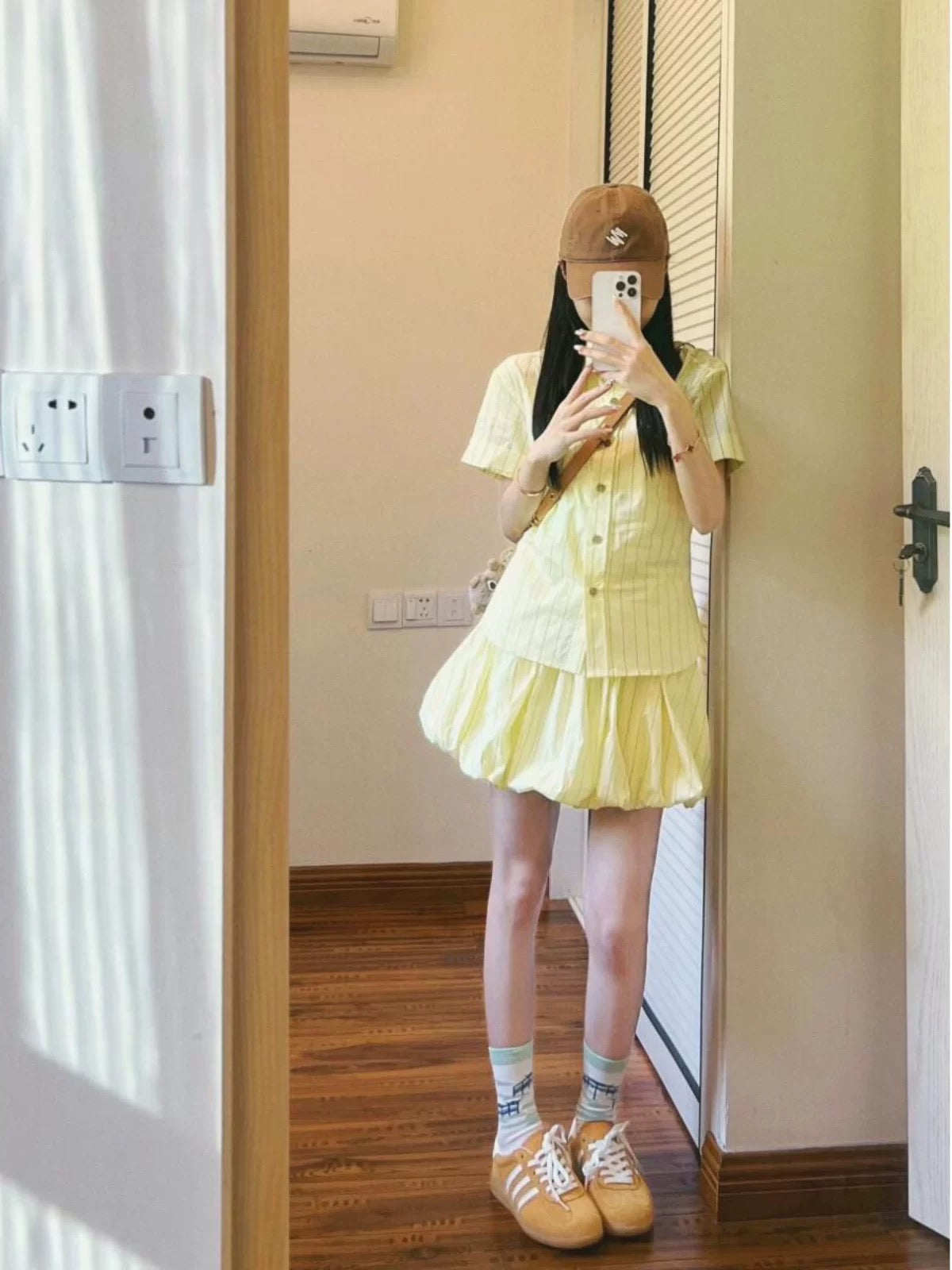 Beautiful and beautiful summer suit, dopamine yellow puff sleeve shirt top, flower bud skirt, two-piece set for small people