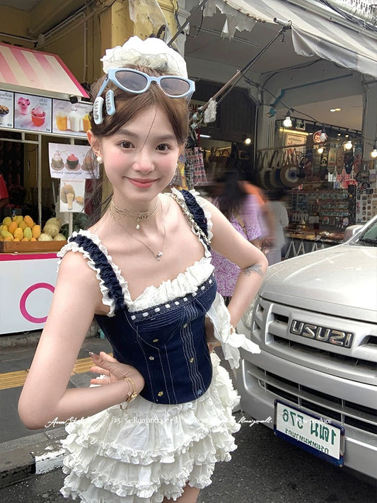 Acaine Spring Paradise/Blue Short Denim Suspender Vest Women's Spring Korean Style Age-Reducing All-match Top