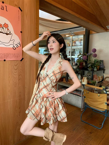 Kumikumi sweet style lace halter neck dress female summer retro plaid temperament A-line skirt short skirt