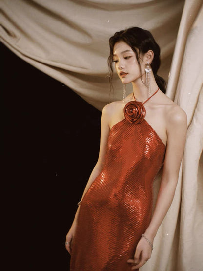 Christmas deep red floral halter neck sequined glitter slip dress for parties, annual meetings, and engagements.