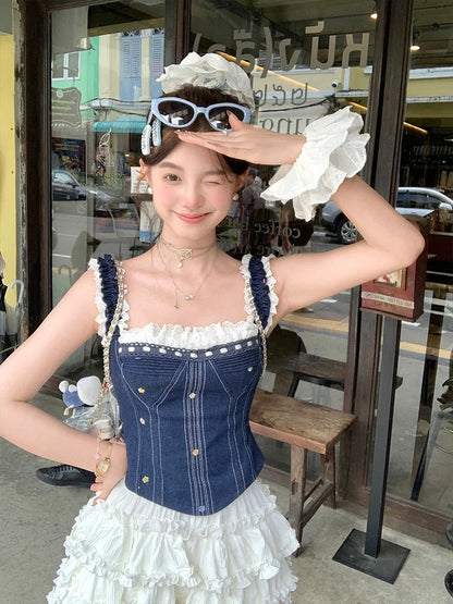 Acaine Spring Paradise/Blue Short Denim Suspender Vest Women's Spring Korean Style Age-Reducing All-match Top