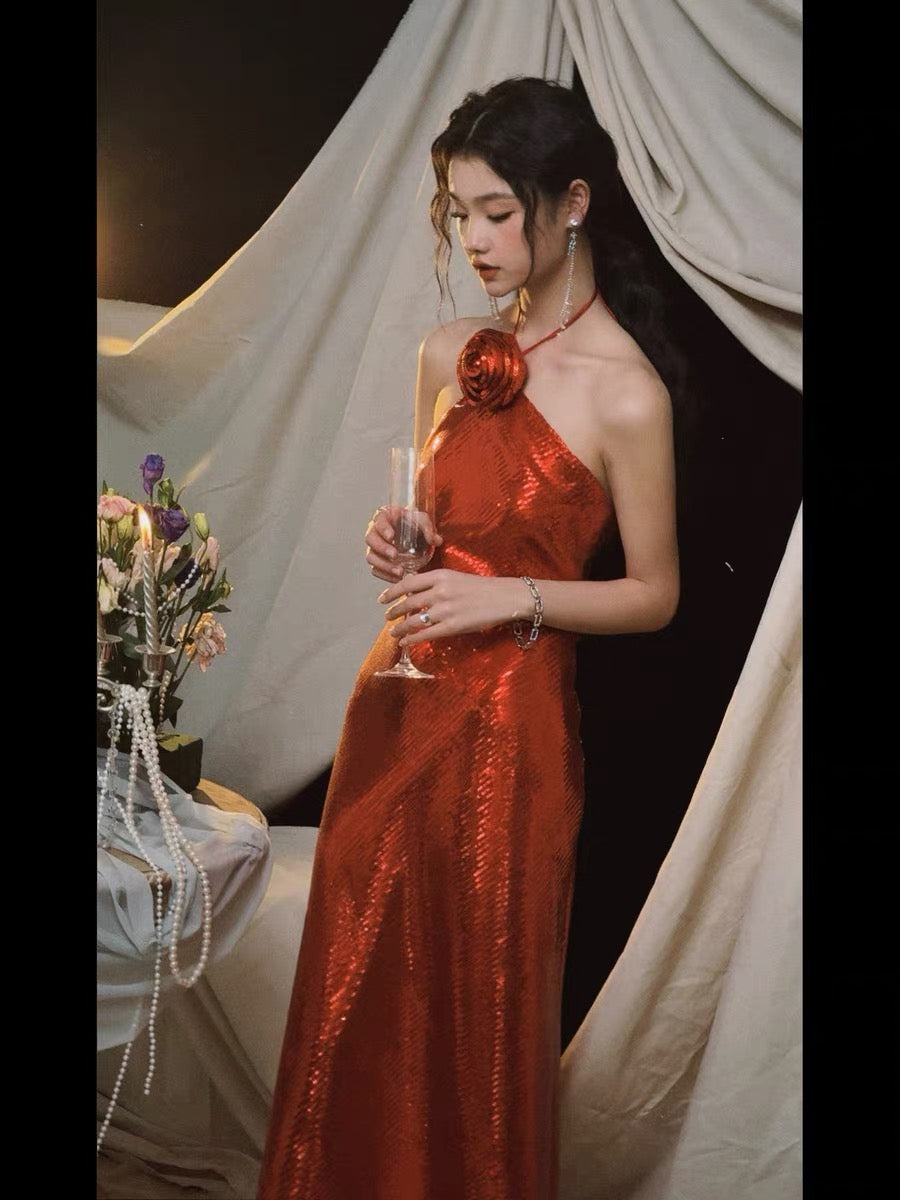 Christmas deep red floral halter neck sequined glitter slip dress for parties, annual meetings, and engagements.