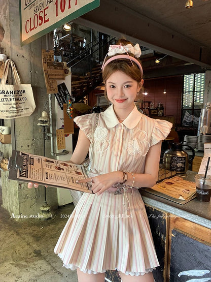 Acaine baby doll collar small flying sleeve shirt high waist a-line pleated skirt suit women's summer French two-piece suit