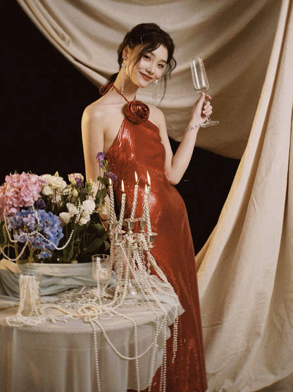 Christmas deep red floral halter neck sequined glitter slip dress for parties, annual meetings, and engagements.