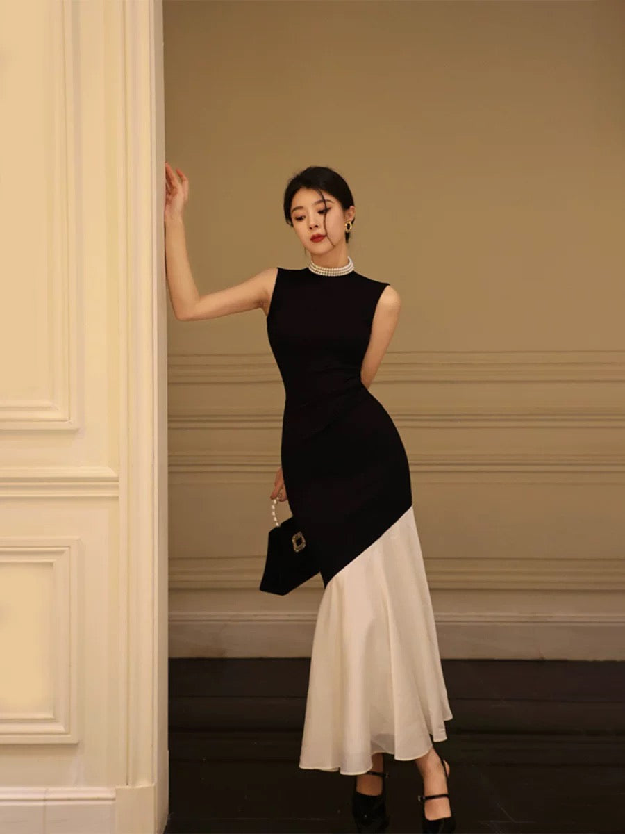 Thirteen and Little French Black Dress Women's Summer Sleeveless Splicing Slim Fit Mermaid Knitted Long Dress