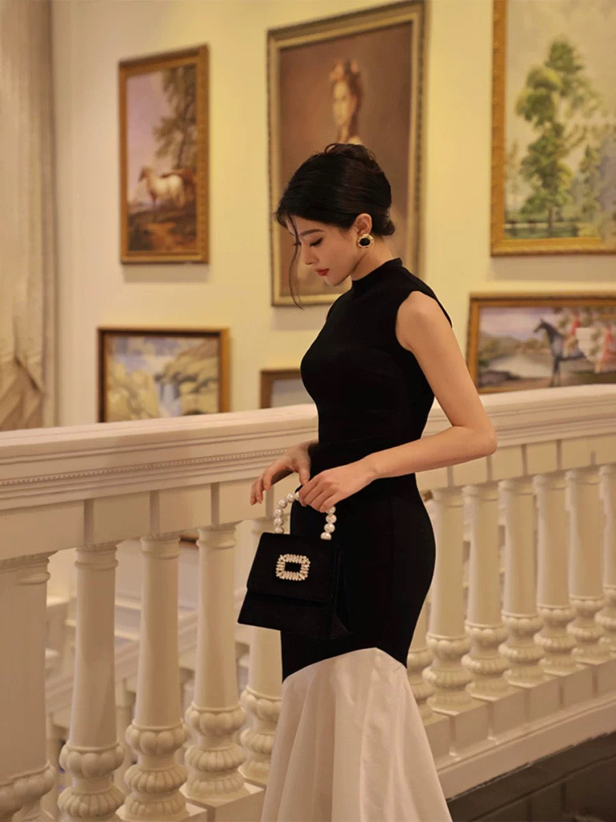 Thirteen and Little French Black Dress Women's Summer Sleeveless Splicing Slim Fit Mermaid Knitted Long Dress