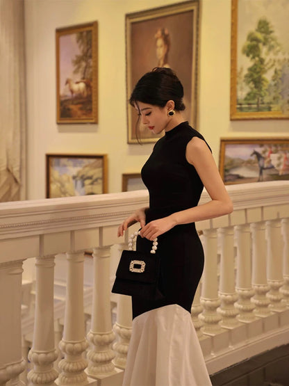 Thirteen and Little French Black Dress Women's Summer Sleeveless Splicing Slim Fit Mermaid Knitted Long Dress