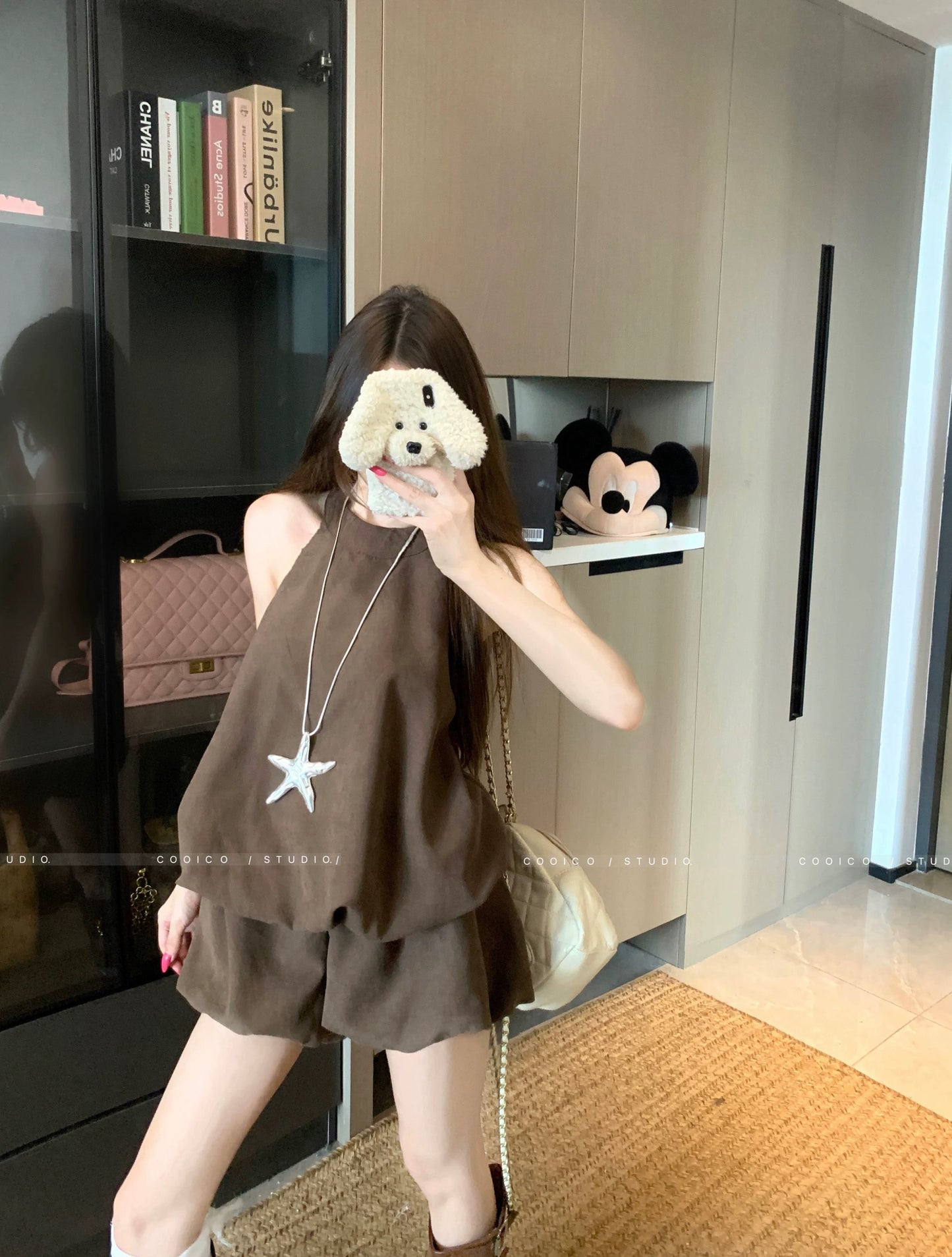 Kumikumi fashion suit solid color halter neck puff vest women's summer high waist flower bud pants casual pants two-piece suit