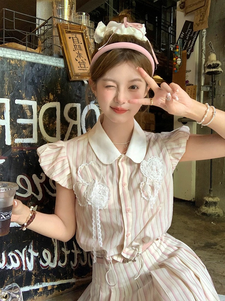 Acaine baby doll collar small flying sleeve shirt high waist a-line pleated skirt suit women's summer French two-piece suit