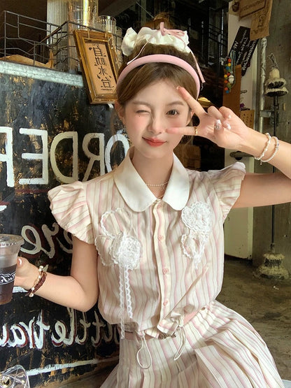 Acaine baby doll collar small flying sleeve shirt high waist a-line pleated skirt suit women's summer French two-piece suit