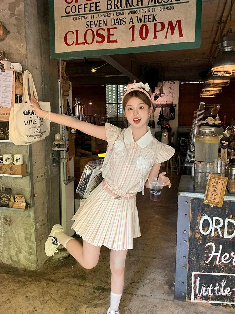 Acaine baby doll collar small flying sleeve shirt high waist a-line pleated skirt suit women's summer French two-piece suit