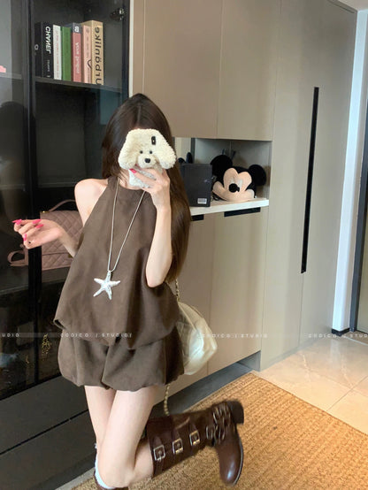 Kumikumi fashion suit solid color halter neck puff vest women's summer high waist flower bud pants casual pants two-piece suit