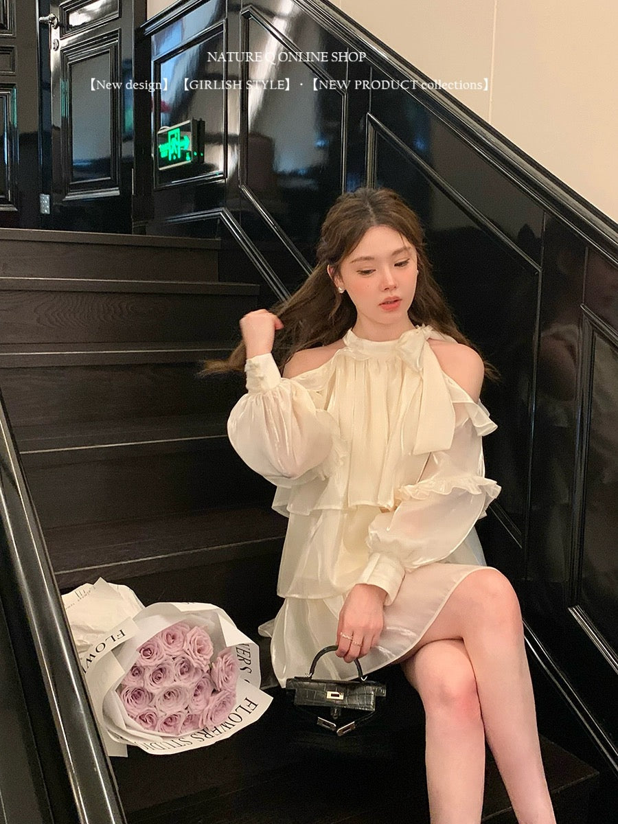 Yang Xiaojuan Purple Lily of the Valley 2.0 French style daughter-in-law satin off-shoulder halter dress cake skirt birthday dress