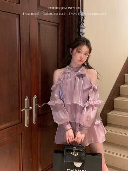 Yang Xiaojuan Purple Lily of the Valley 2.0 French style daughter-in-law satin off-shoulder halter dress cake skirt birthday dress