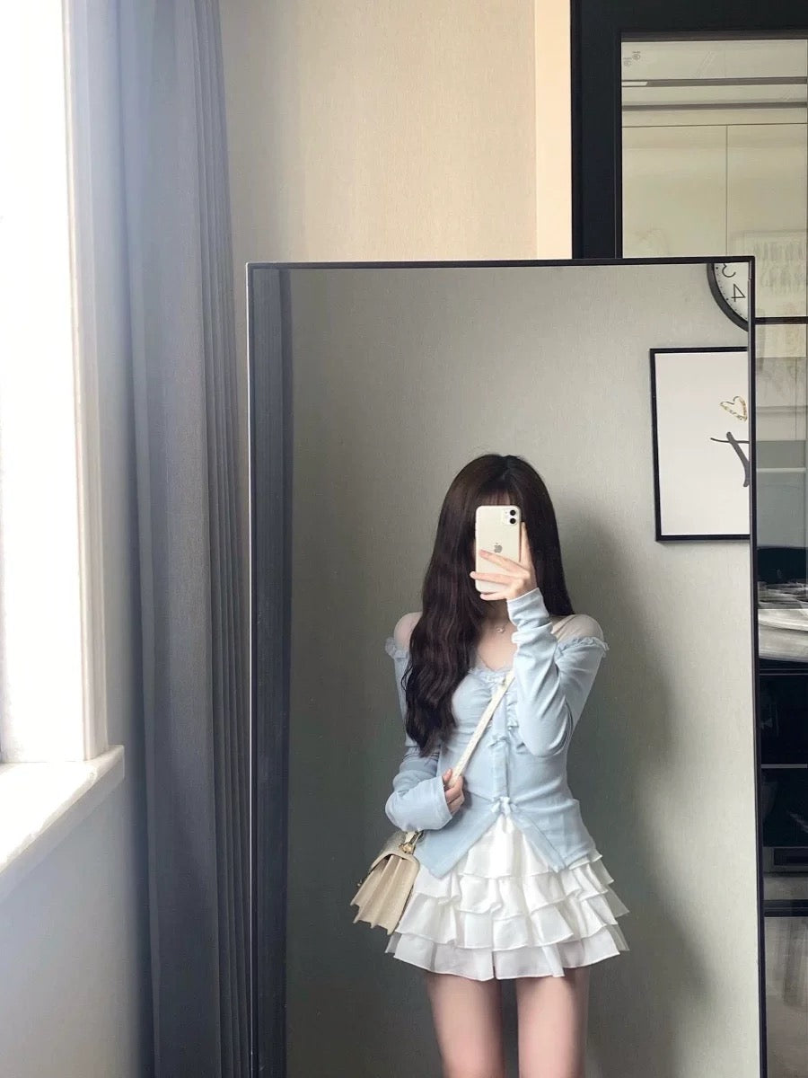 Pure desire sweet and spicy style with a complete set of slim-fitting tops, sweaters, ballet fluffy cake skirts, two-piece suits for women