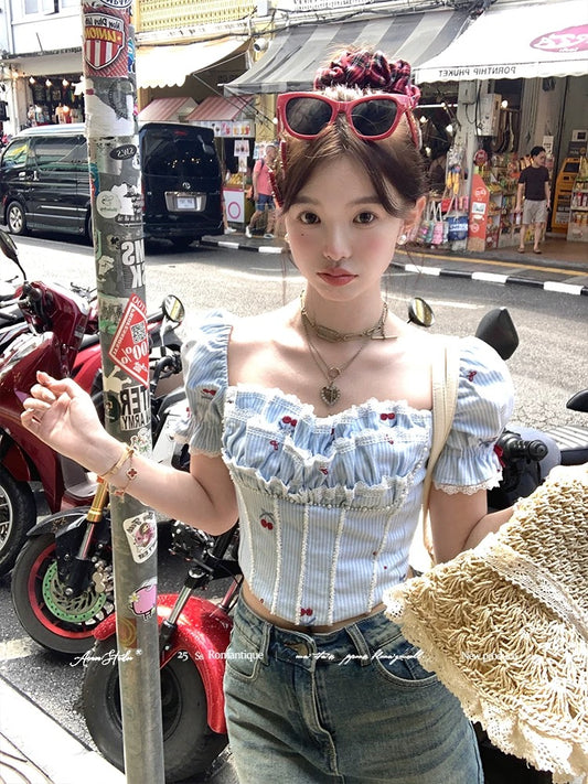 Acaine short square collar puff sleeve embroidered short-sleeved shirt for women in spring Korean style, age-reducing, sweet and slim tops
