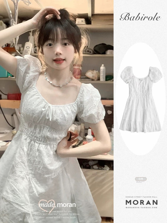 French embroidered white dress for women with square neck and puff sleeves, sweet and pure for small people, waist slimming, short style for summer