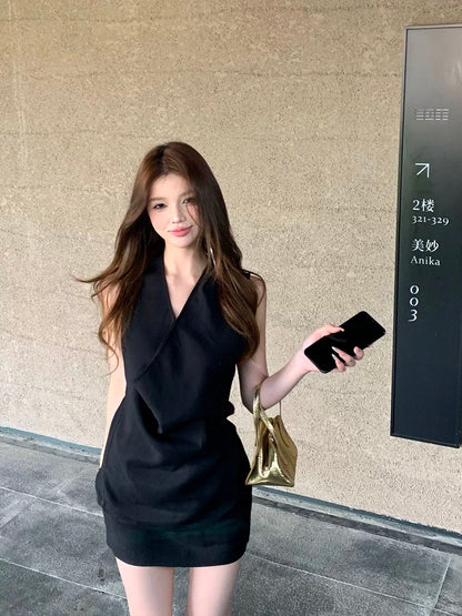 Kumikumi pure desire style suit French style sway collar slim vest female summer solid color hip skirt short skirt two-piece suit
