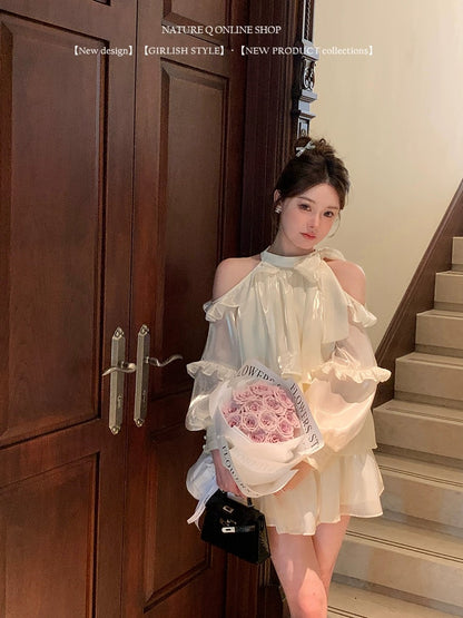 Yang Xiaojuan Purple Lily of the Valley 2.0 French style daughter-in-law satin off-shoulder halter dress cake skirt birthday dress